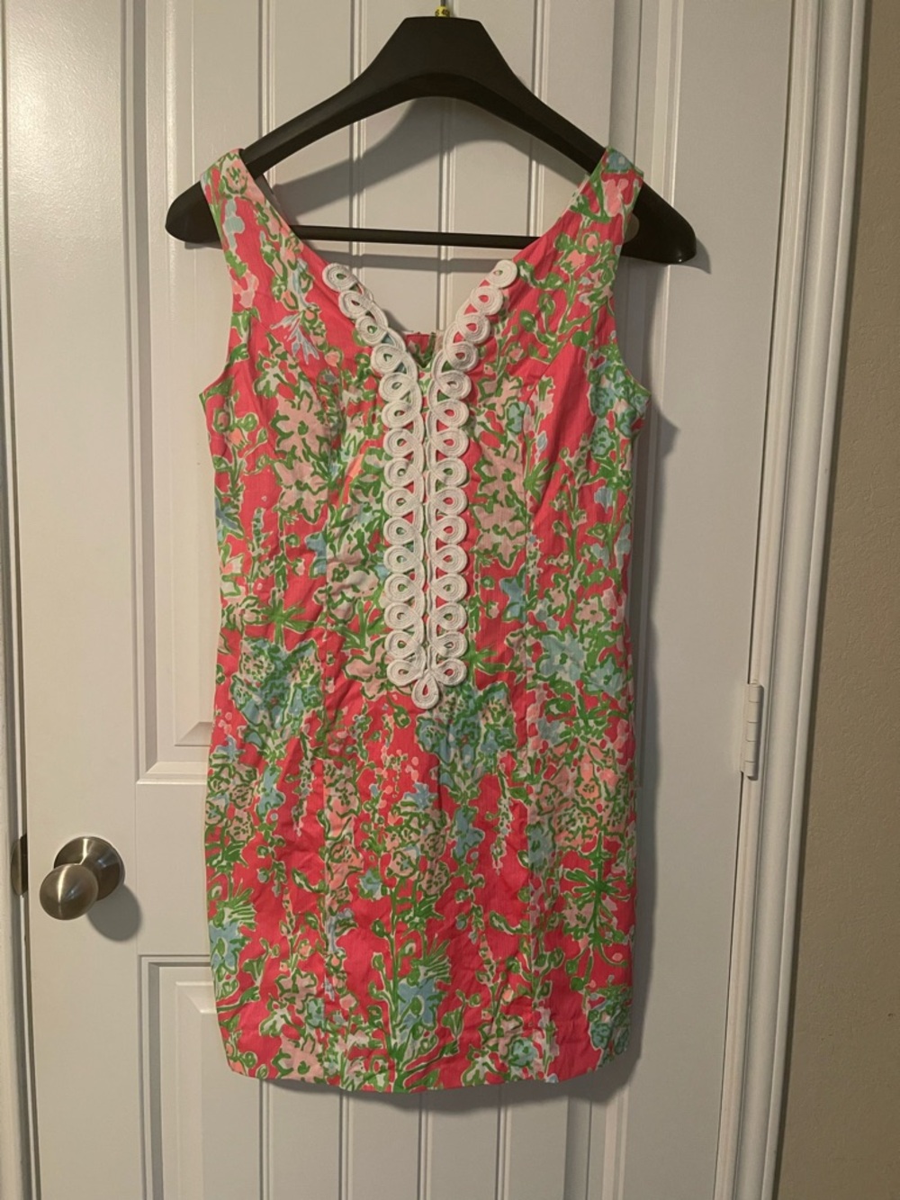Lilly Pulitzer Pink and Green Floral Shift Dress with White Trim